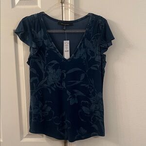 White House Black Market Floral V-Neck Blouse - Dark Blue